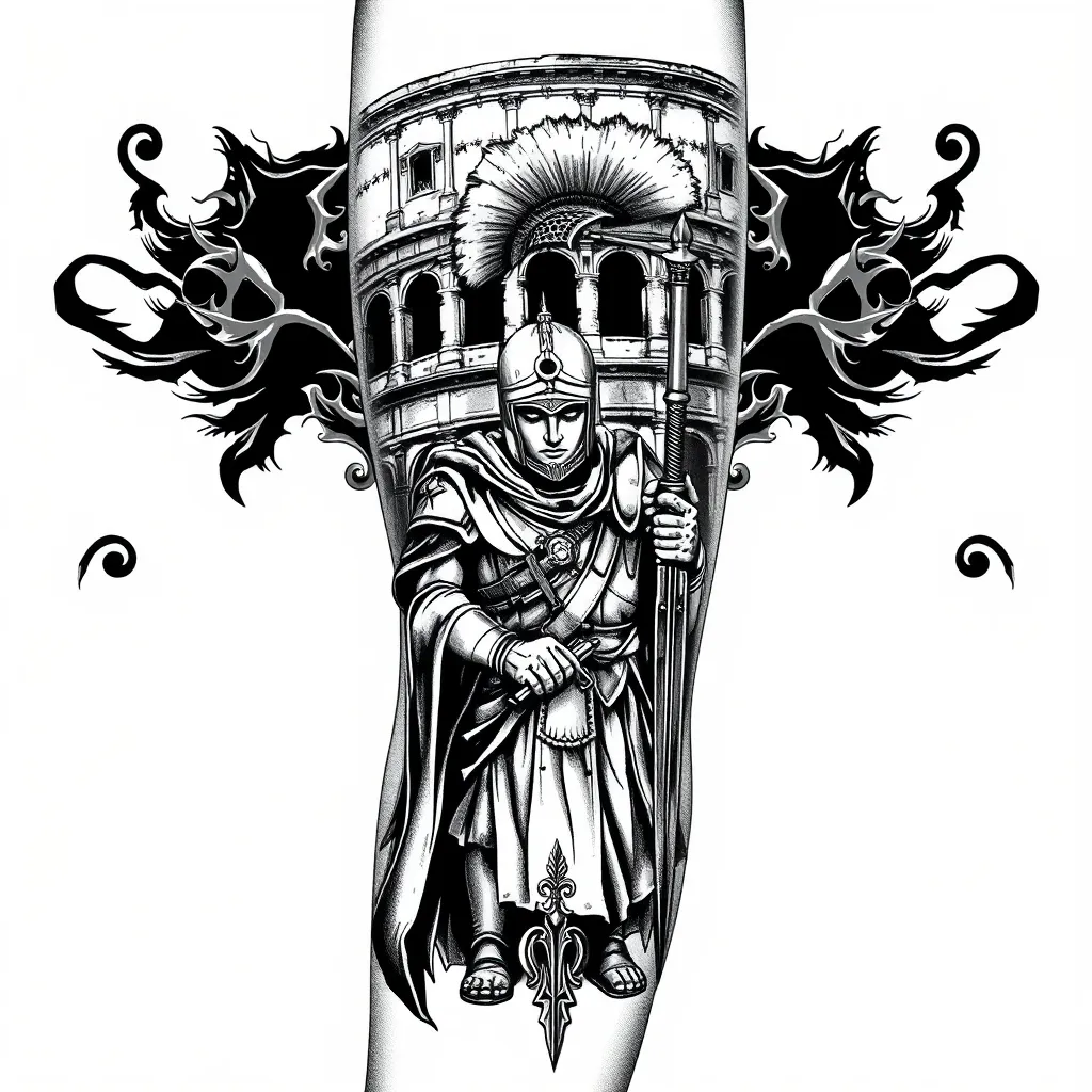 Tatuaje sin colores para el brazo que tenga un coliseo romano y un soldado  tatuaggio