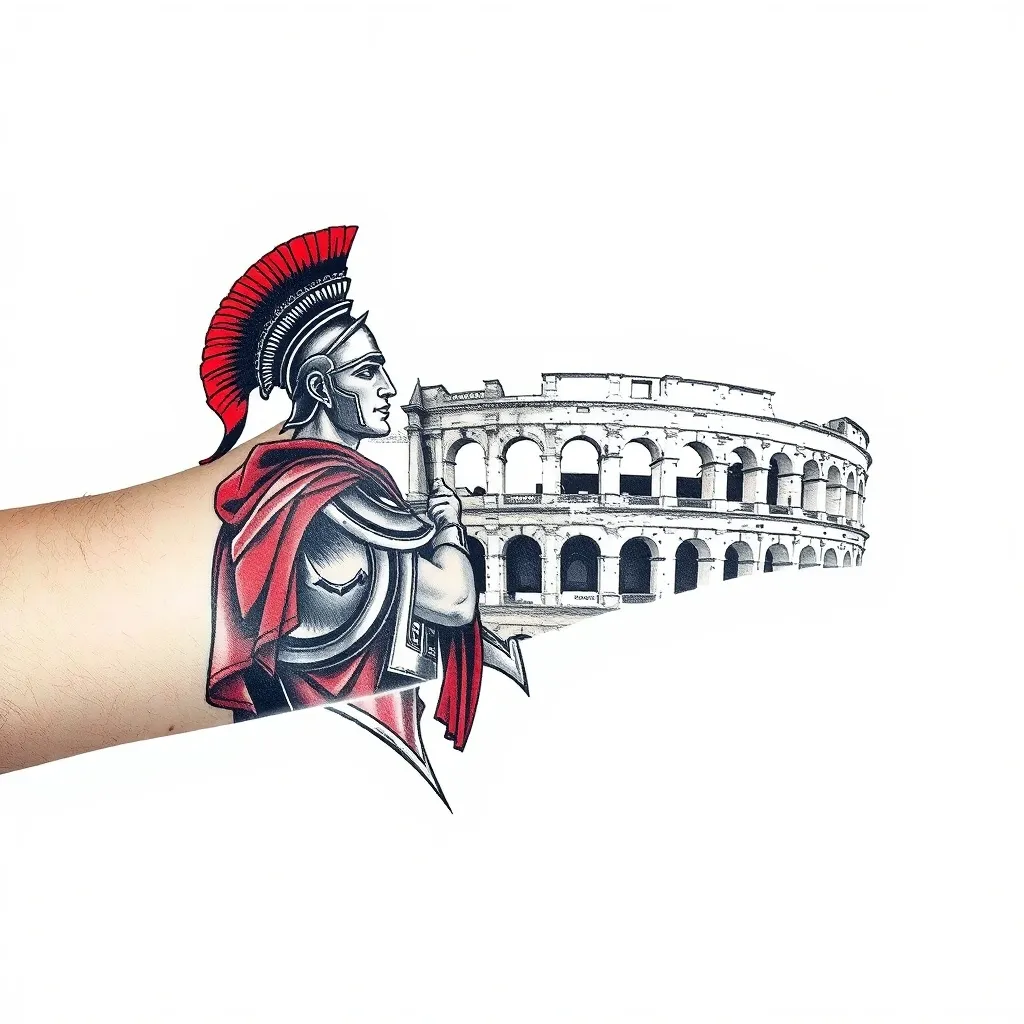 Tatuaje sin colores para el brazo que tenga un coliseo romano en el fondo y un soldado romano de perfil  tatuaggio