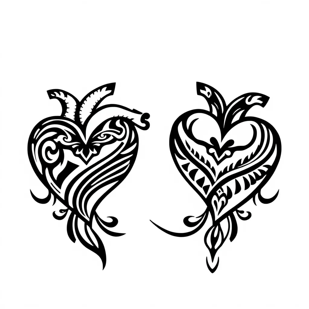 a couple of hearts, different lines and patterns black tatouage