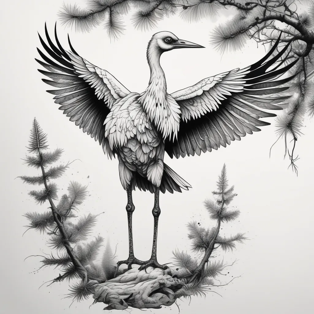 A crane stands on the branch of a pine tree, spreading its wings and looking magnificent, with a colorful ink style tatuagem