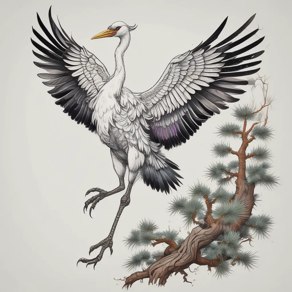 A crane with outstretched wings, standing on the branch of a pine tree, looks magnificent, style colorful ink painting Tätowierung