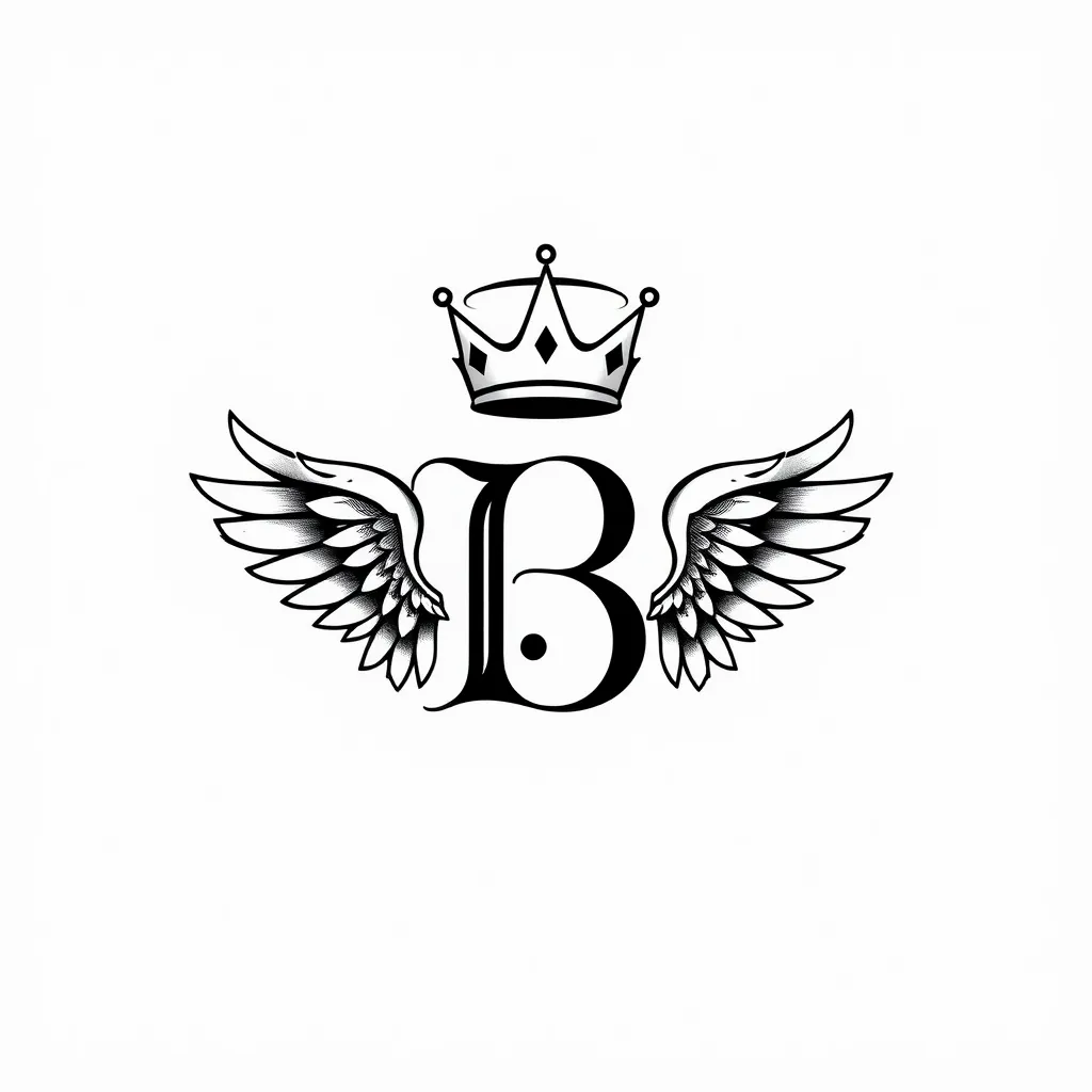 une couronne et une auréole d'ange au dessus de la lettre "B" et des ailes d'ange sur les côtés de la lettre "B" tattoo