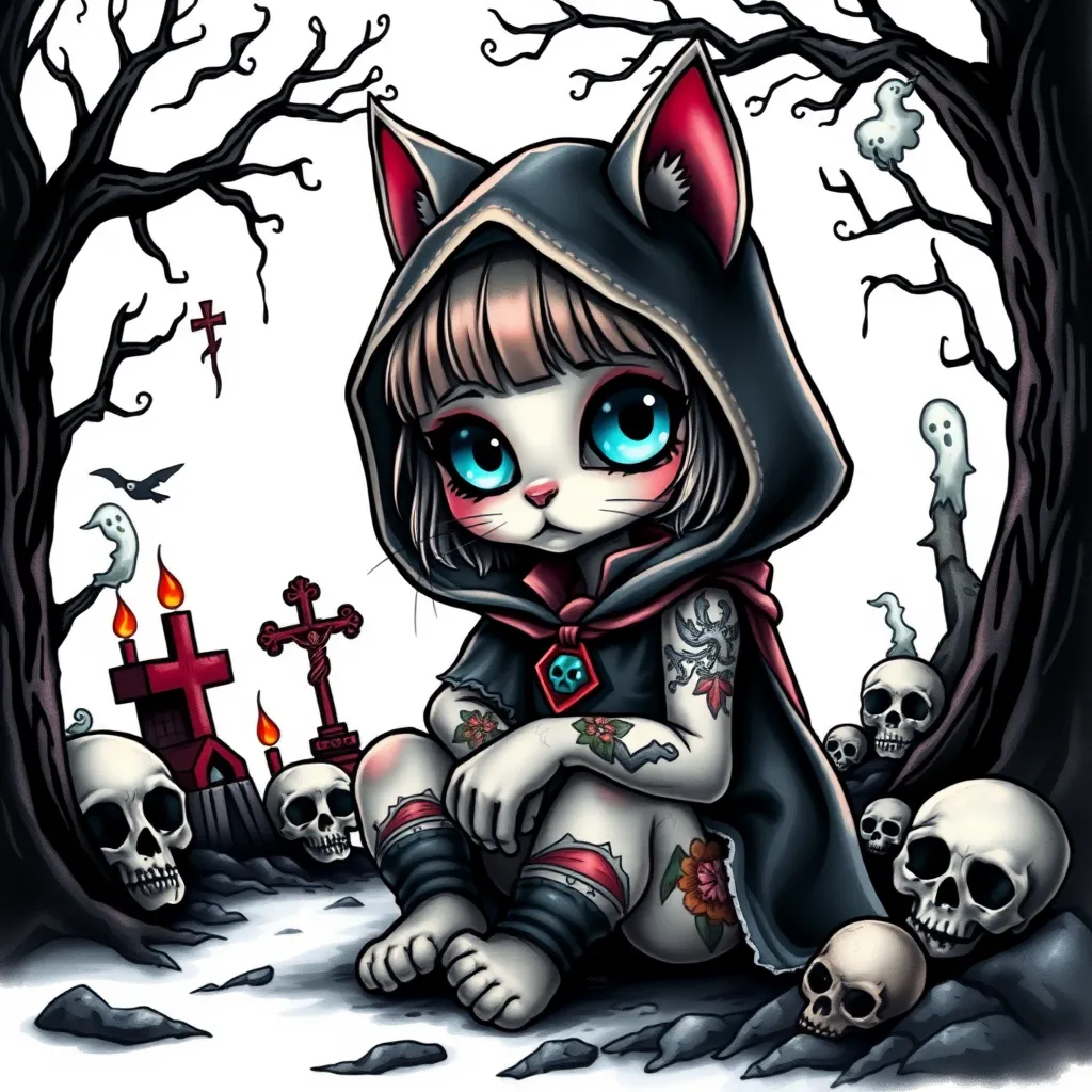 A cute, gothic cat girl with large eyes, wearing a hooded cloak and tattoos, sitting in a dark, spooky forest with skulls, ghosts, and a crucifix. Digital painting, dark fantasy art style टैटू