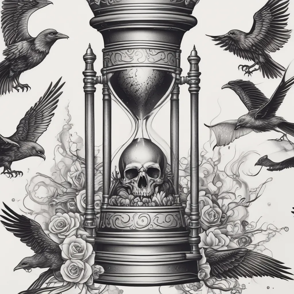 a death themed An hourglass with his last granules of sand running out with crows and Ravens imbued in the design 
 وشم