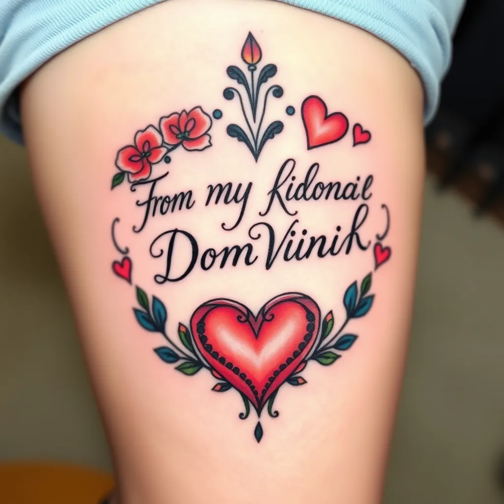 Jemný a decentní napis mých dětí Dominik Viktorie a srdíčko  tattoo