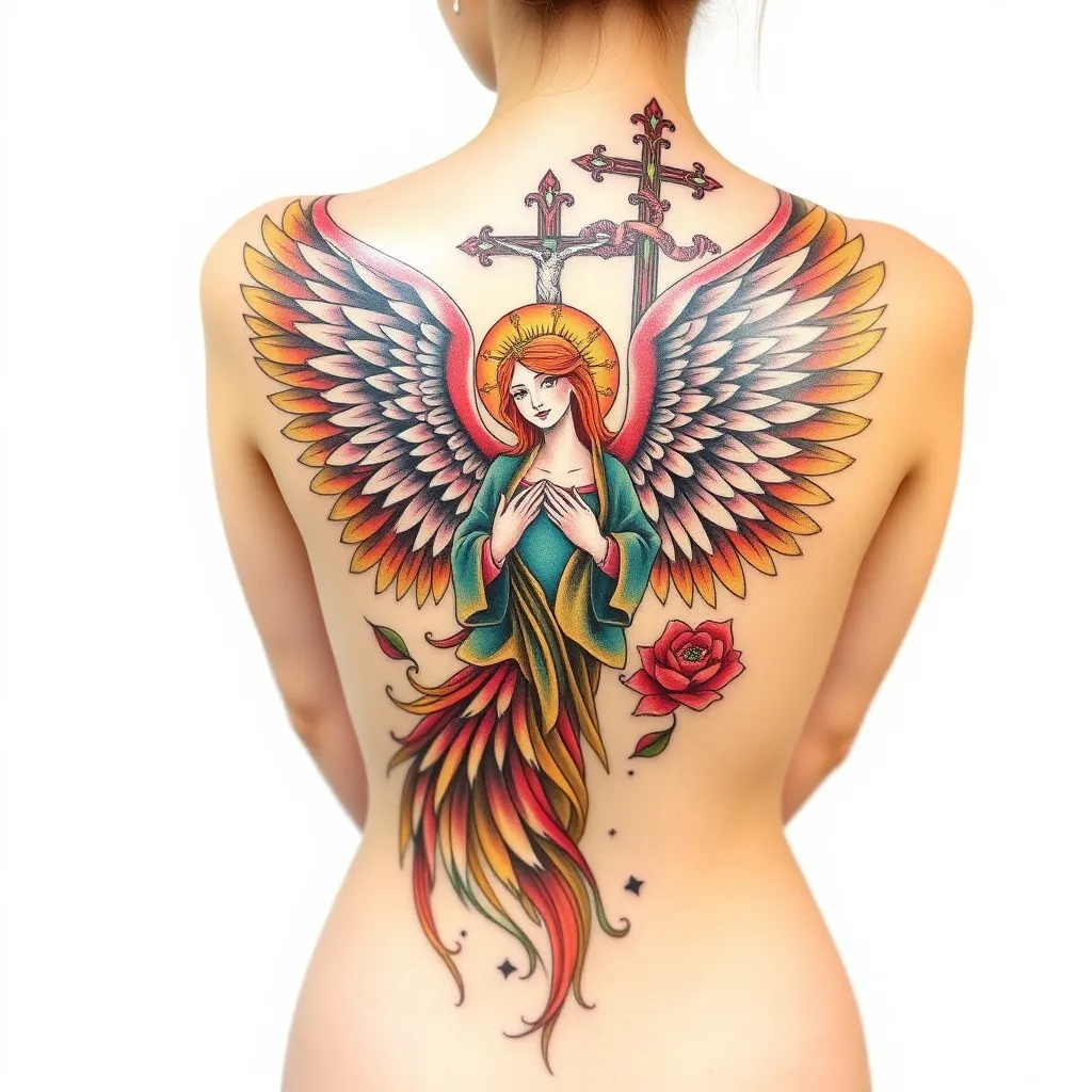  tatuagem feminina e delicada para as costas inteiras com a imagem da fênix com cruz de jesus rococó no alto da cabeça, corpo da mulher mãe maria tattoo