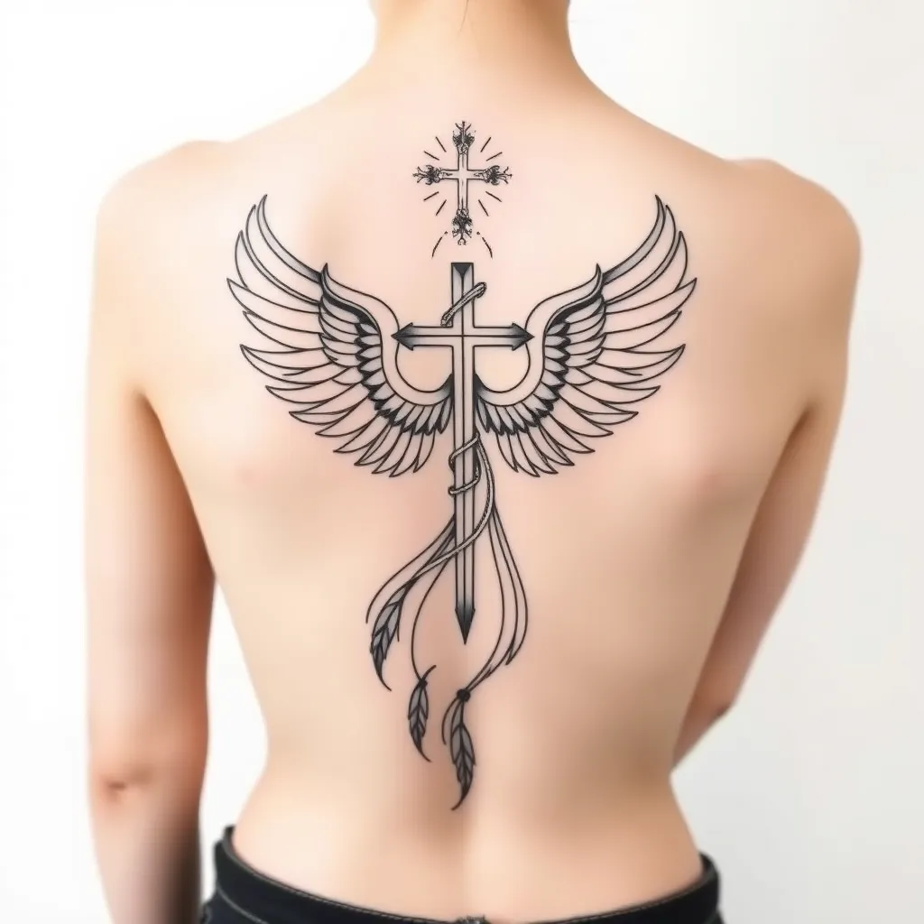  tatuagem feminina e delicada para as costas inteiras com a imagem da fênix com a cruz de jesus e maria tattoo