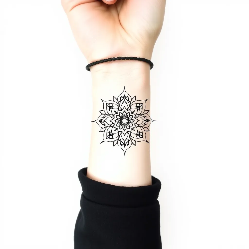 Uma mandala delicada no pulso de uma mulher tattoo