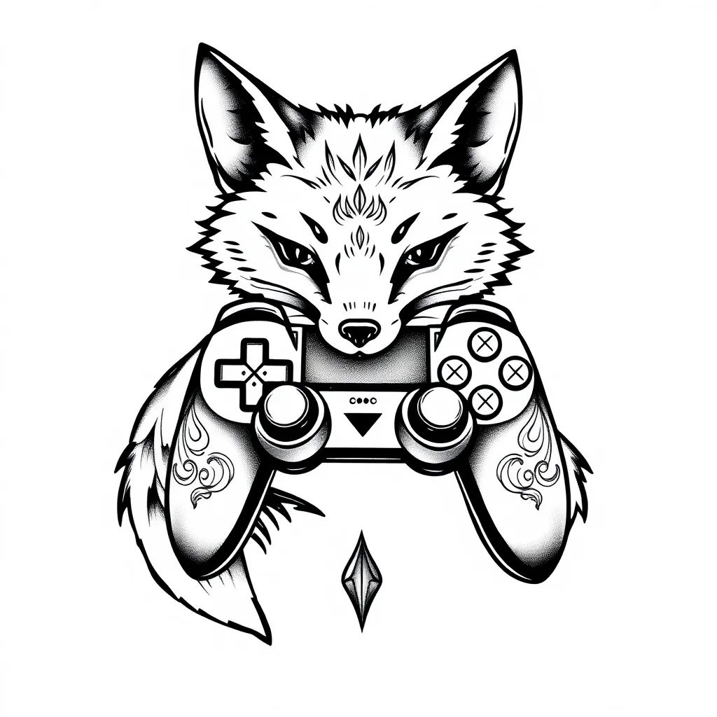 A design of a fox with a game controller: This tattoo could incorporate a stylized fox wrapped around a game controller, a subtle way to blend your passion for video games with your fondness for foxes. tattoo