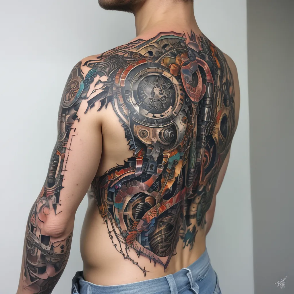 a detailed and colorful biomechanical tattoo design that covers the entire lower and upper arm and the shoulder. It should feature various computer parts seamlessly integrated into the skin, giving the appearance that these components are partially beneath the surface. tatuagem