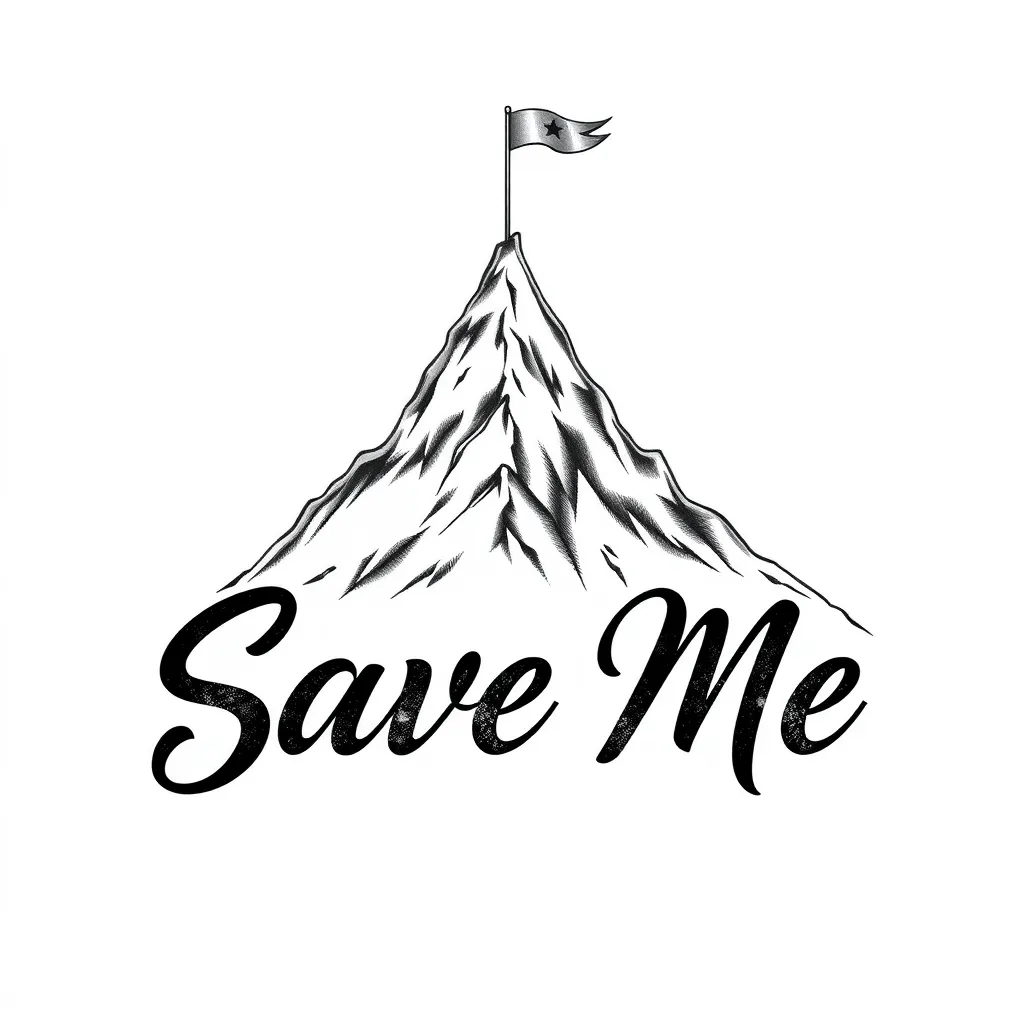 A detailed black and gray tattoo design featuring the text 'Save Me' elegantly written in a bold yet distressed font at the bottom of the composition. Above the text, a realistic mountain peak rises sharply, symbolizing challenges and strength. At the summit of the mountain, a small flag waves in the wind, representing achievement and hope. The overall style is minimalistic with intricate shading to highlight depth and texture, giving a raw yet inspiring appearance. The design has a slightly rugged, artistic feel, emphasizing resilience and determination. 入れ墨