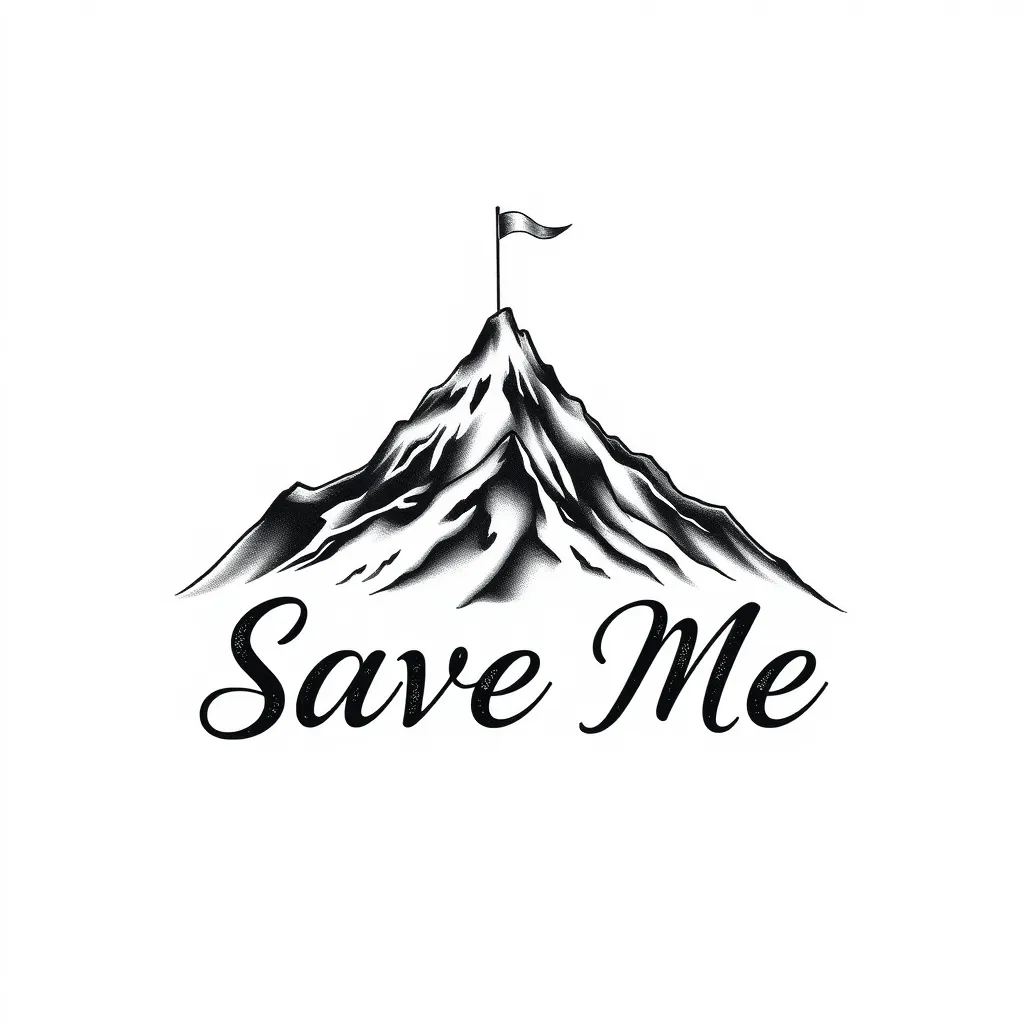 A detailed black and gray tattoo design featuring the text 'Save Me' elegantly written in a bold yet distressed font at the bottom of the composition. Above the text, a realistic mountain peak rises sharply, symbolizing challenges and strength. At the summit of the mountain, a small flag waves in the wind, representing achievement and hope. The overall style is minimalistic with intricate shading to highlight depth and texture, giving a raw yet inspiring appearance. The design has a slightly rugged, artistic feel, emphasizing resilience and determination. 入れ墨