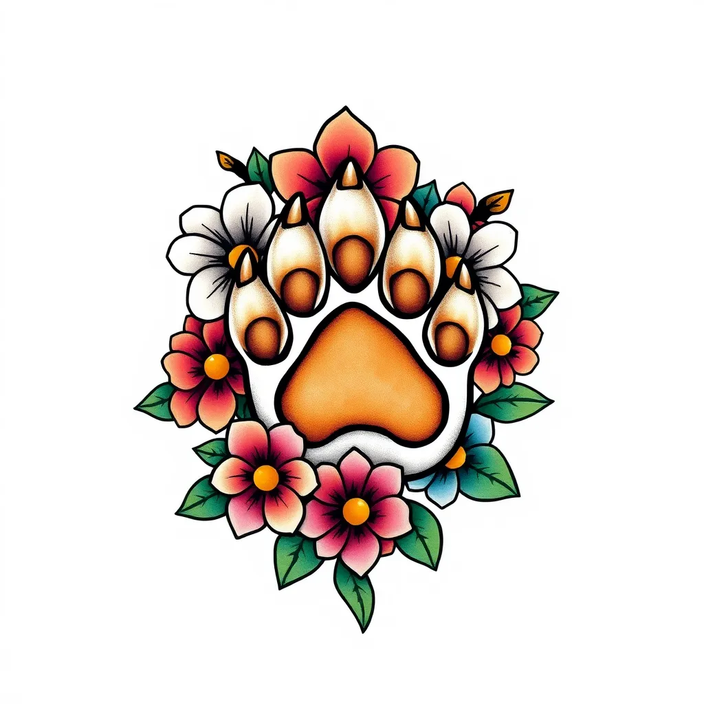 Een hondenpoot met bloemen er rond die kracht en doorzetting symboliseren tattoo