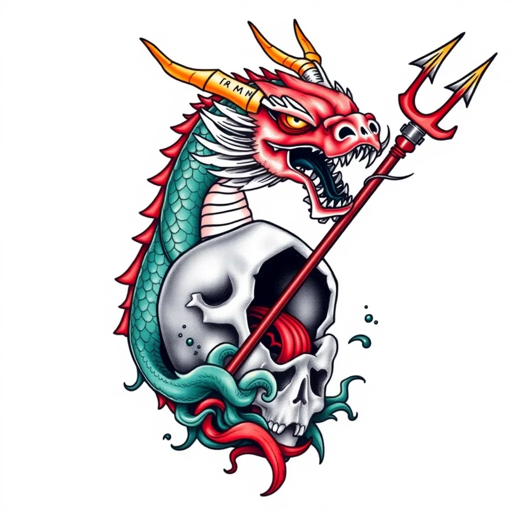 un dragon sortant d'un tete de mort avec le trident de poseidon tatuagem