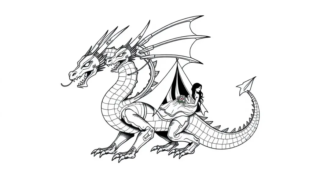 A dragon with three heads. The heads are mechanical robots. He carries a tent with a beautiful woman on his back. tattoo