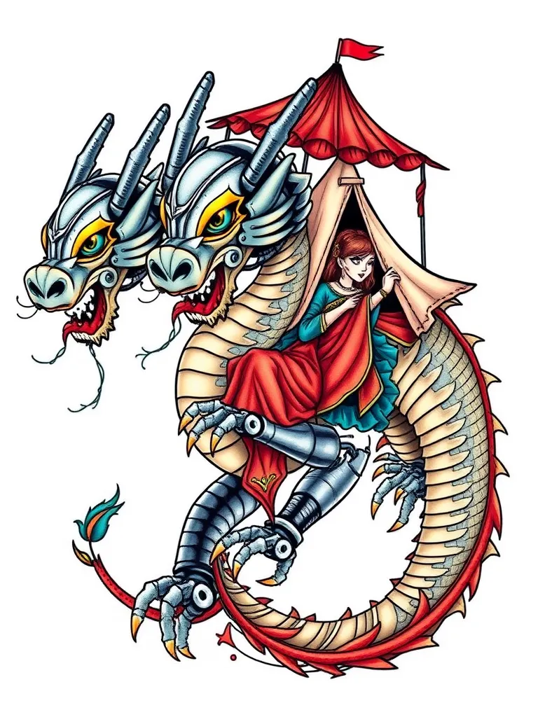 A dragon with three heads. The heads are mechanical robots. He carries a tent with a beautiful woman on his back. tetování