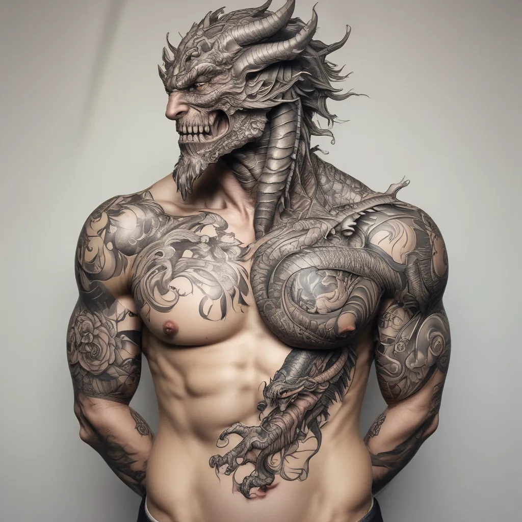 A dragon wrapped around a warrior and captured a part of his soul tattoo