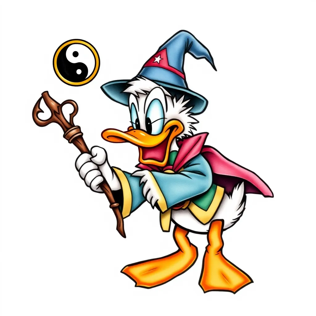 drawing and tattoo of Disney's Scrooge McDuck holding just a wizard's staff with a visible yang-ying symbol at the top tattoo