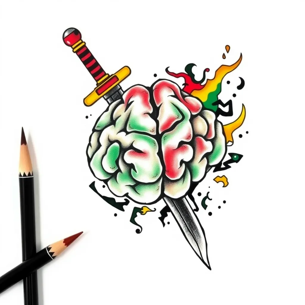 Un dessin qui illustre l’expression : le savoir est une arme. Je ne veux aucune écriture, je veux du noir du vert du rouge et du jaune je veux éventuellement une arme par exemple une épée. Quelque chose comme des livres ou un cerveau. tatuaż