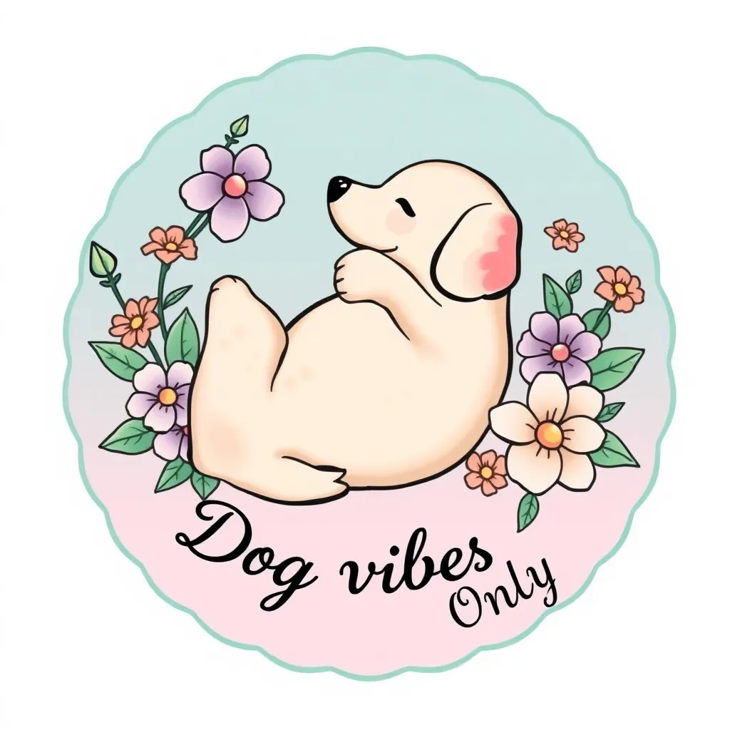 A dreamy, cartoon dog lying on its back, surrounded by pastel-colored flowers and leaves, all contained within a circular shape. The dog is a soft shade of pastel beige with highlights in pink. The flowers are pastel shades of lilac, peach, and mint. The background has a gentle ombre effect, transitioning from soft blue to blush pink. The circle has a delicate, scalloped edge in pastel green, with 'Dog Vibes Only' written below in a whimsical script tattoo