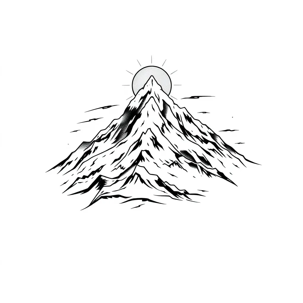 A dynamic and powerful tattoo design of a snow-capped mountain range, emphasizing strength and motion. The artwork features sharp, bold lines and high contrast to convey a sense of resilience and energy. Add subtle elements like a rising sun or swirling wind patterns to evoke movement and vitality. The style should be a mix of realism and minimalism, with black and gray tones dominating, but small highlights in white to represent snow and light. Suitable for placement on the upper arm or shoulder, medium-sized, with a balance of intricate details and clean, striking visuals. tatuagem