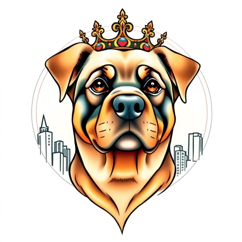 A female biege rottweiler, a city background, queens crown tattoo