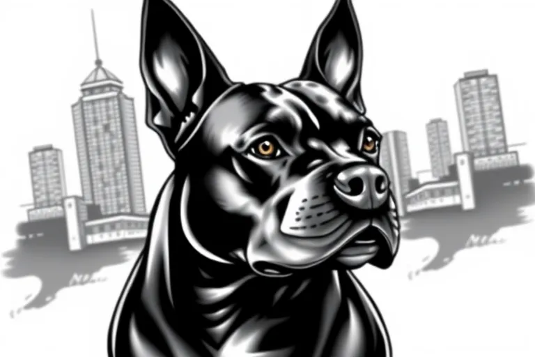 A female black pitbull with pointy ears, with a city background tattoo