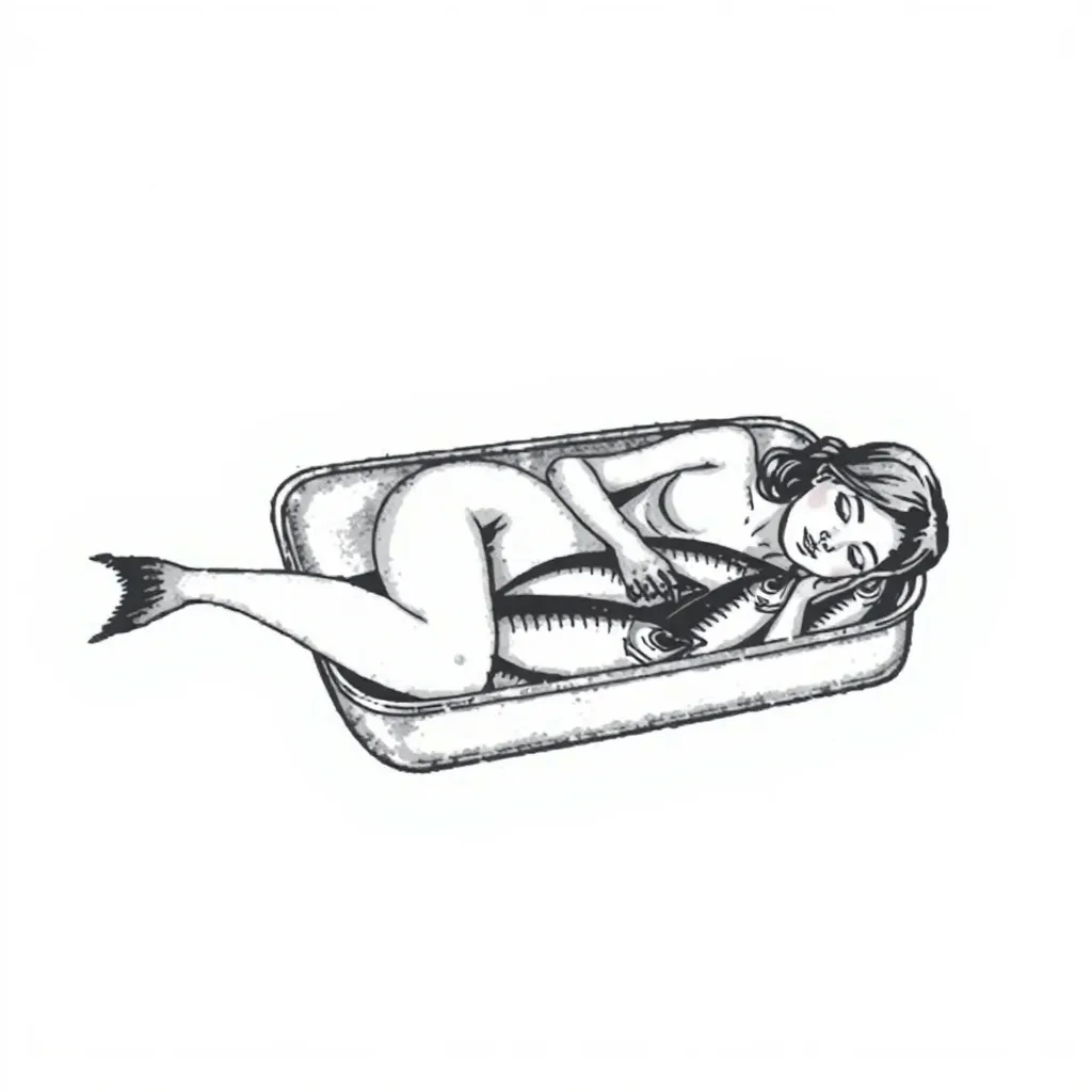 een vrouwelijk figuur die naast of tussen enkele sardines ligt, zoals ze in een blik liggen tatuaggio