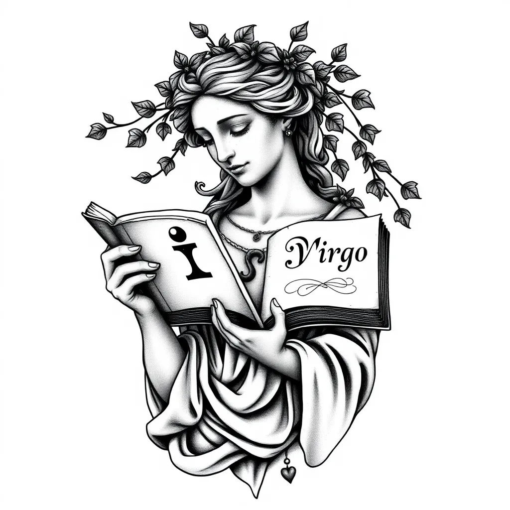 Une femme statue avec du lierre dans les cheveux tenant dans c est main un livre ouvert sur une page il aurait  ♍️  l'autre page virgo la statue sera entière avec des fissures d usure  tattoo