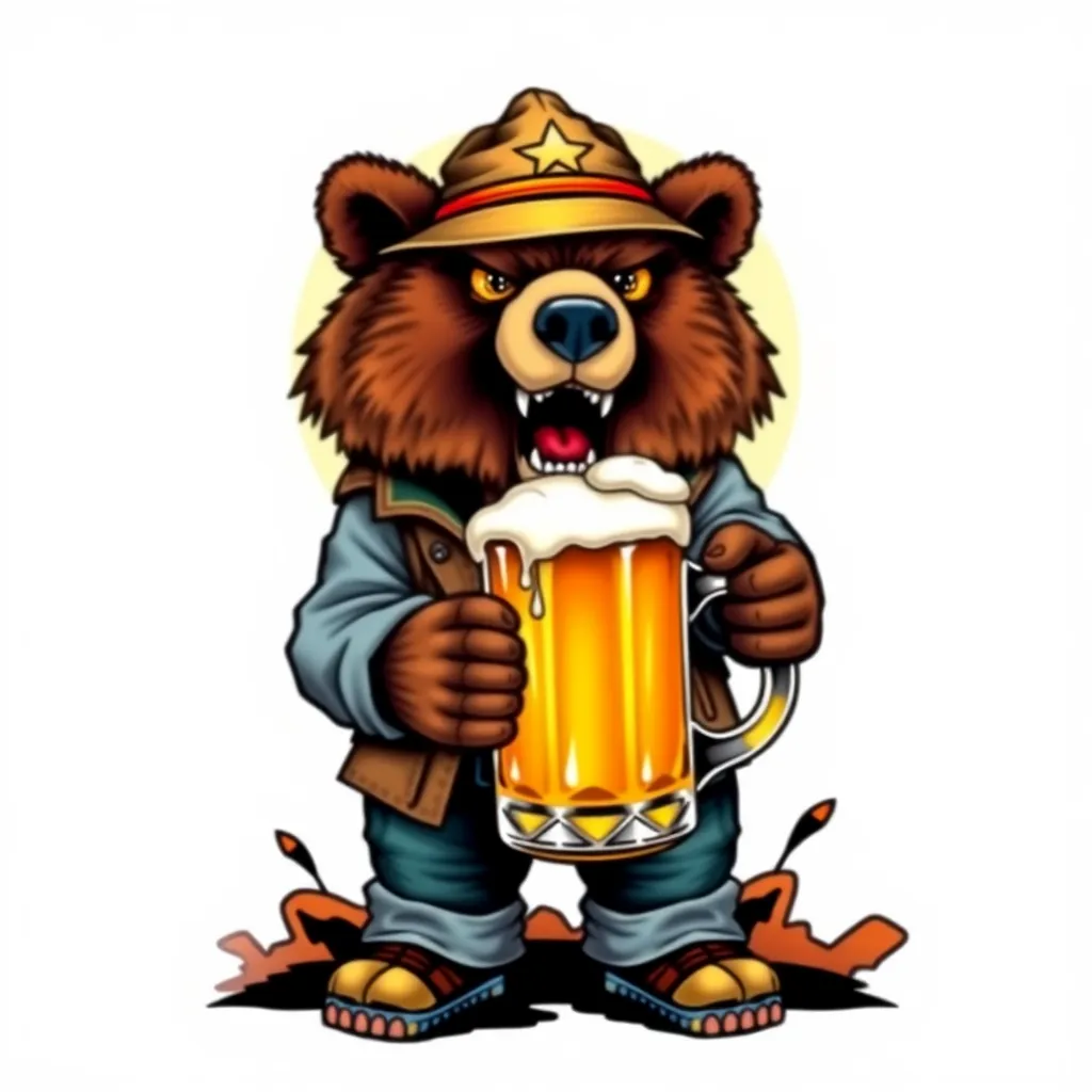 A fierce and mysterious bear, standing tall, clad in casual yet stylish attire, holding a beautifully designed large mug brimming with golden craft beer. The background is simple yet imbued with brand characteristics, and the overall color scheme is vibrant and warm, perfectly capturing the brand's personality. This creates a highly memorable and distinctive brand image illustration.
 tattoo