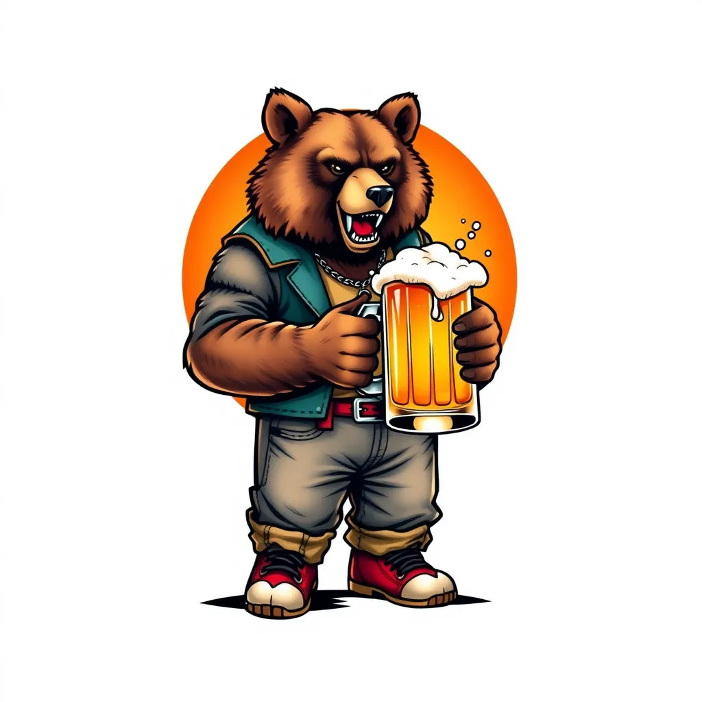 A fierce and mysterious bear, standing tall, clad in casual yet stylish attire, holding a beautifully designed large mug brimming with golden craft beer. The background is simple yet imbued with brand characteristics, and the overall color scheme is vibrant and warm, perfectly capturing the brand’s personality. This creates a highly memorable and distinctive brand image illustration. tattoo