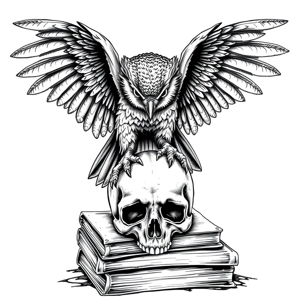 A fierce realistic owl bent down, with intricate feather details spreads its majestic wings wide agressive attacking, protective perched atop a weathered realistic human skull with no jaw bone nestled on top of 3 ancient realistic books and tomes. tattoo sketch aesthetics with gothic blackwork detailing. The atmosphere is charged with an air of mystique and knowledge, evoking a sense of otherworldly wisdom and fierce guardianship. Simple tattoo sketch realistic, statue. Blackwork tattoo style. black color  татуировка