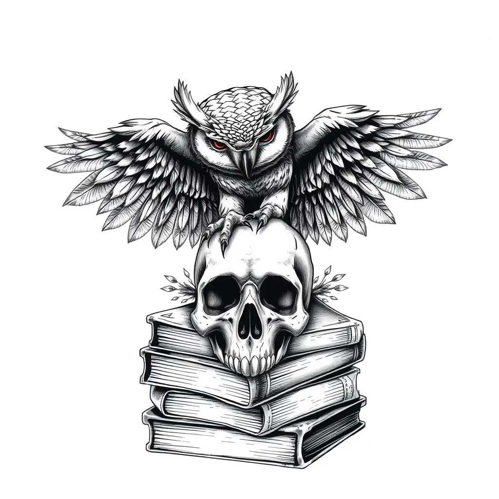 A fierce realistic owl bent down, with intricate feather details spreads its majestic wings wide agressive attacking, protective perched atop a weathered realistic human skull with no jaw bone nestled on top of 3 ancient realistic books and tomes. tattoo sketch aesthetics with gothic blackwork detailing. The atmosphere is charged with an air of mystique and knowledge, evoking a sense of otherworldly wisdom and fierce guardianship. Simple tattoo sketch realistic, statue. Blackwork tattoo style. black color  tattoo