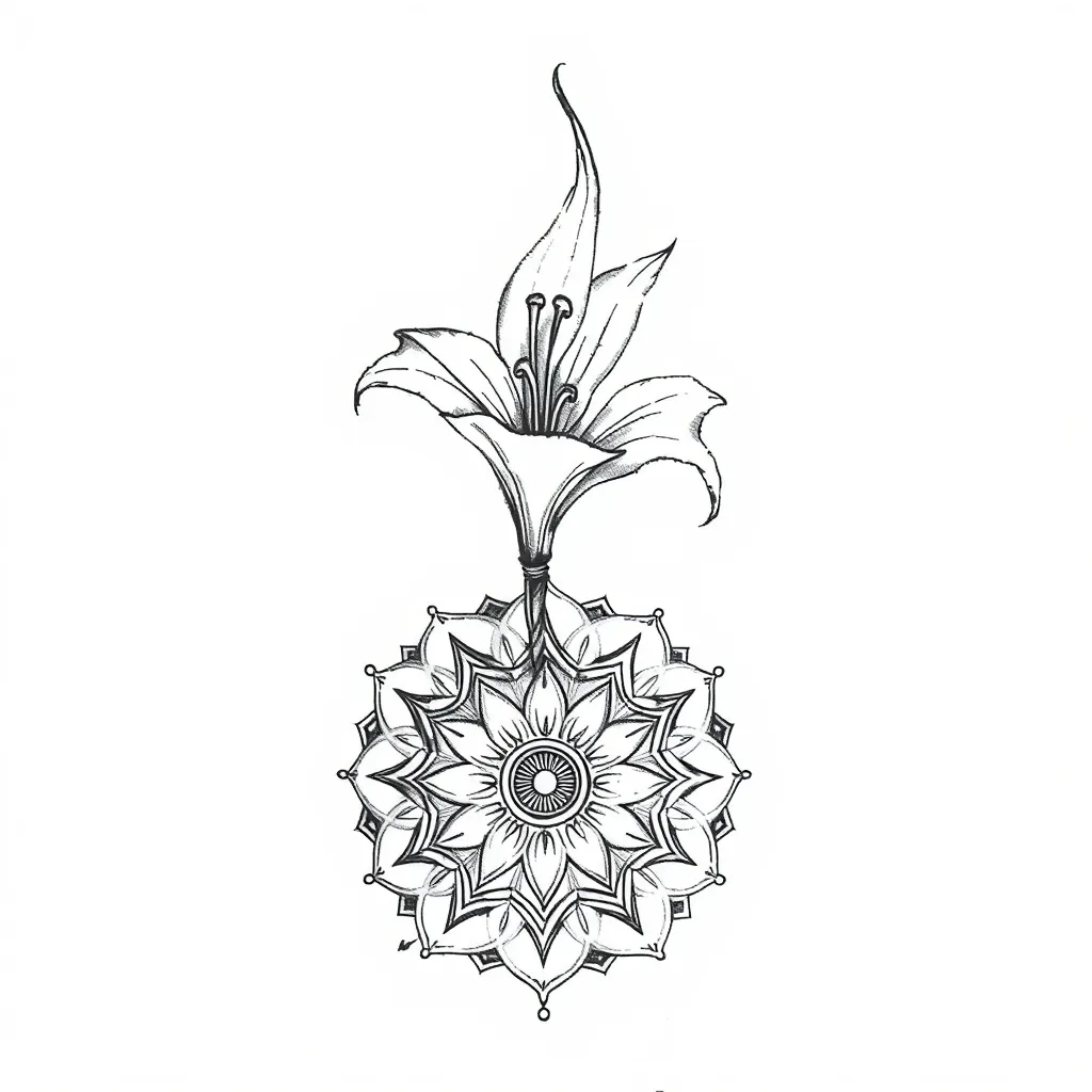 Eine feine Linienzeichnung einer eleganten Lilie, die nach oben zeigt, verbunden mit einem detaillierten geometrischen Mandala darunter. Stil: Fine Line mit Dotwork-Elementen. Platzierung: seitlicher Oberarm.“ татуировка