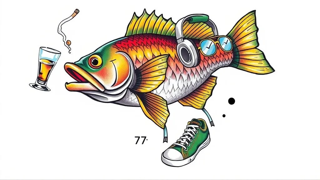 A fish, a glass in one hand, a cigarette in one hand, headphones on his head, glasses on his face, canvas shoes, green and yellow hoodies, and high saturation.In the groin area.Have a 77. tatuaż