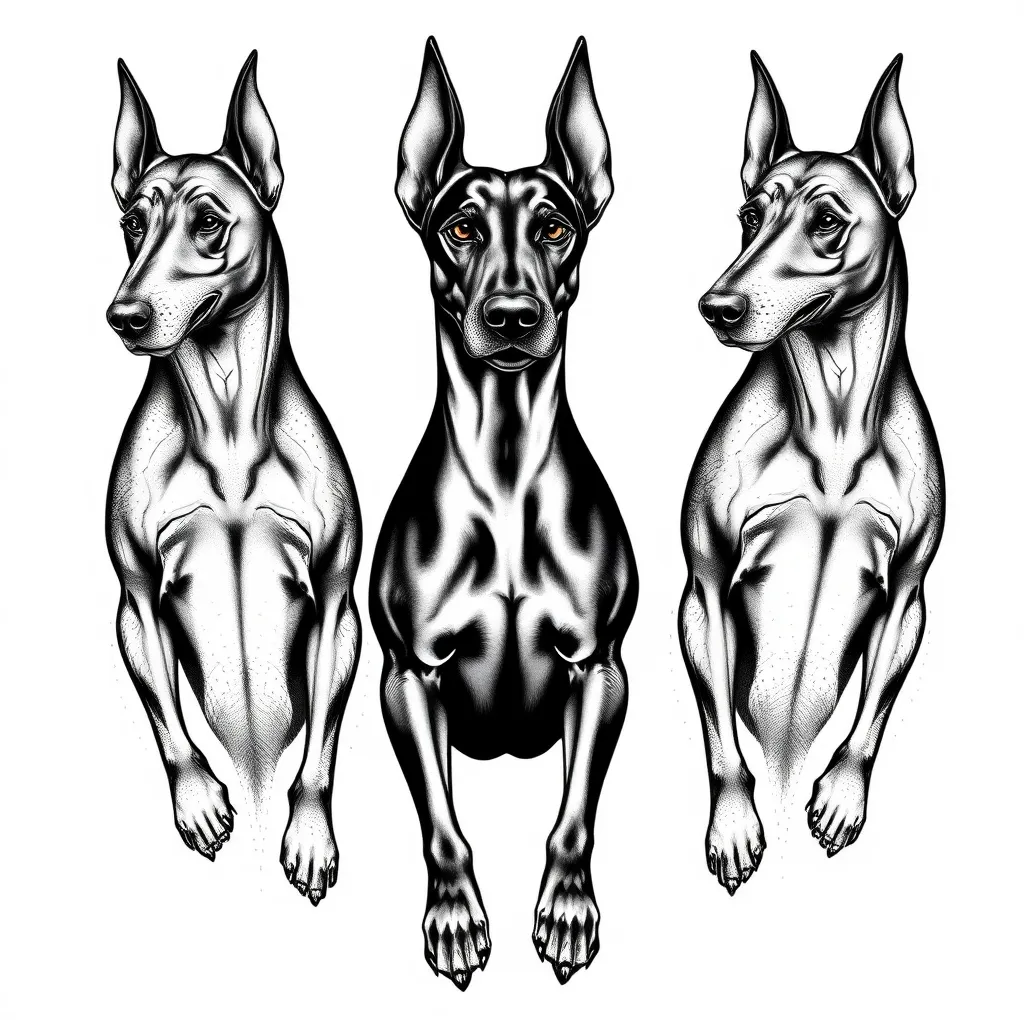 3 dobermann un gentil au milieu et un méchant de chaque côté
 tattoo