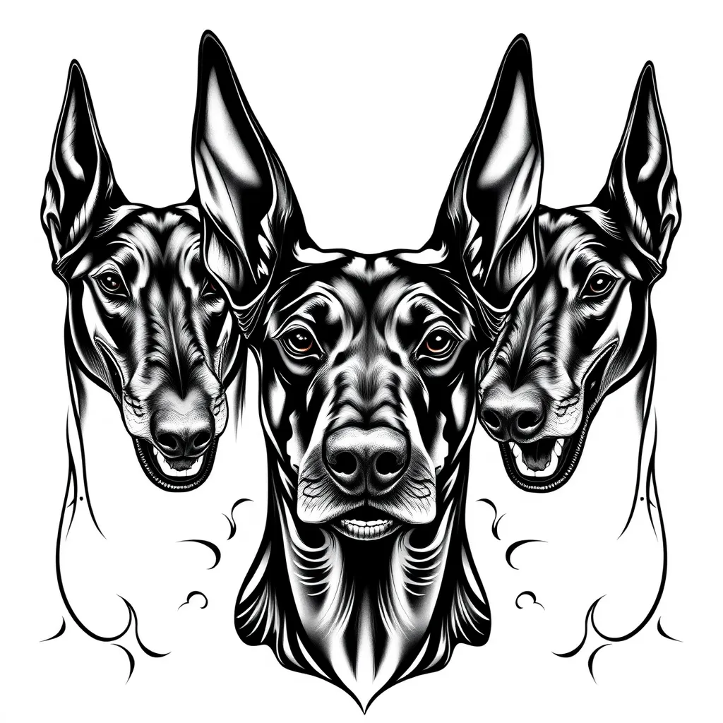 3 dobermann un gentil au milieu et un méchant de chaque côté 
 tattoo