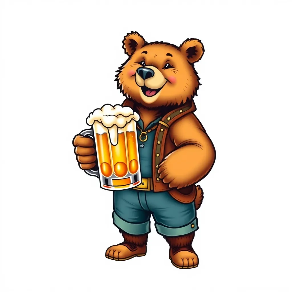 A friendly, smiling bear standing upright, dressed in casual yet stylish attire, holding a beautifully designed large beer mug filled with golden craft beer, set against a simple yet brand-specific background, with vibrant and warm colors that perfectly capture the brand's personality, creating a highly memorable and distinctive brand image illustration.
 tattoo