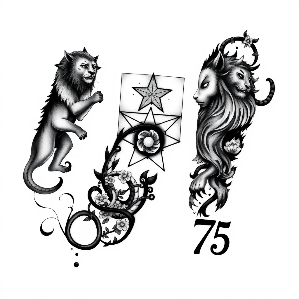 tatouage sur l'entièreté du bras avec ces choses dessus : 17e carte du tarot de Marseille (l'étoile), avec un lion, avec le symbole de l'infini (lemniscate) , et avec le chiffre 75, couleur noir entièrement tattoo