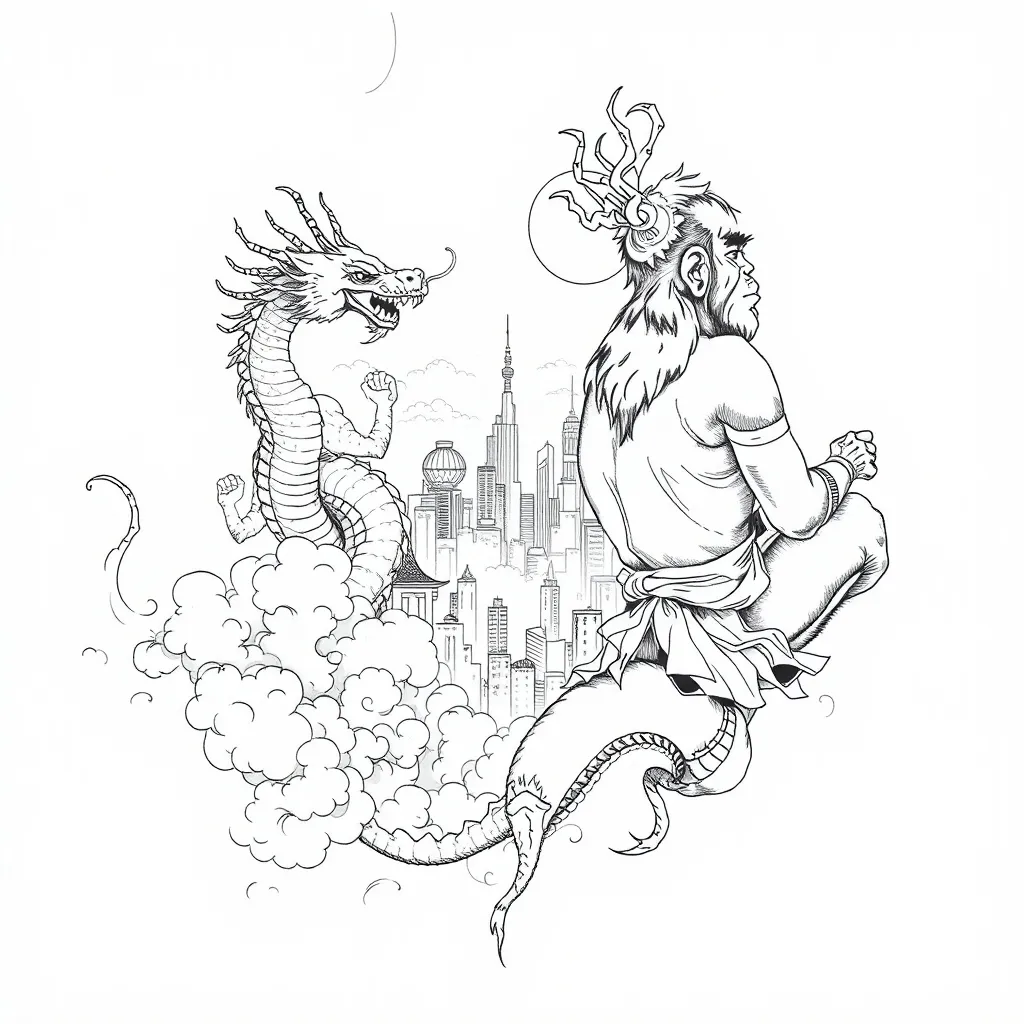 一个满背纹身右上是孙悟空背景是楼宇和云海，左边云海中盘着一条龙， tatuaż