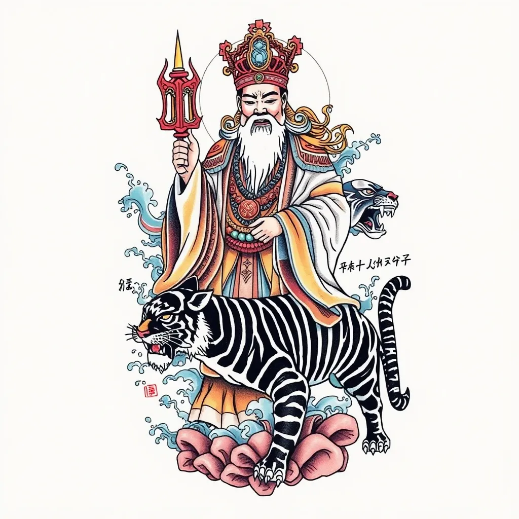 财神赵公明半身像 周围有水元素环绕 在加上一只黑虎 tattoo
