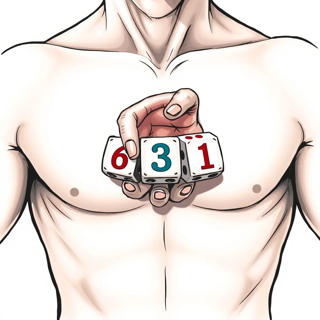 从胸口出来一只手，手里握着三个色子，色子上显示数字6 3 1，表达这三个数字是自己最重要的东西，深深的爱意 tatuointi