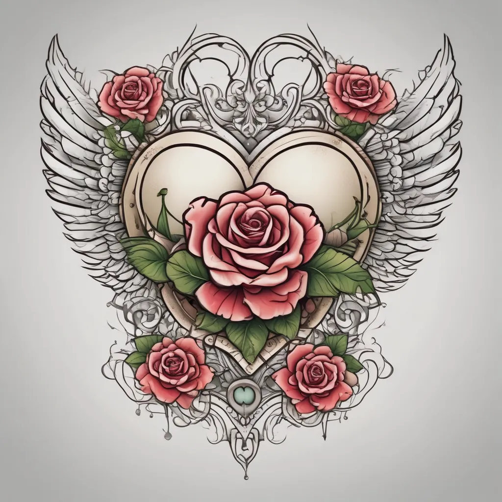 A heart with a scroll wrap around it , with wings and rose accents,  tattoo