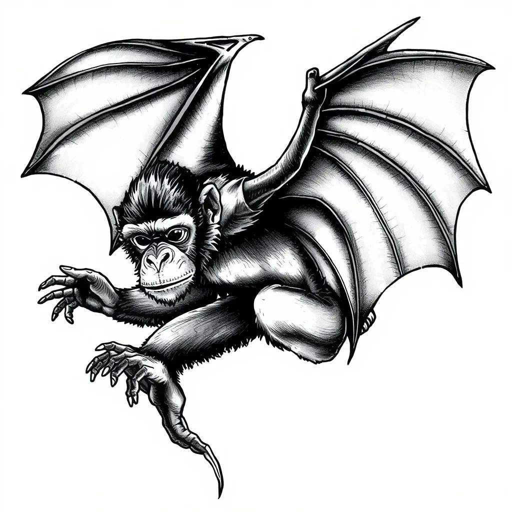 A highly detailed black and white realistic tattoo of a monkey gliding through the air while holding onto the wings of a large bat. The monkey has expressive eyes and fine fur details, and the bat is mid-flight with wide, textured wings. The design conveys motion, strength, and a touch of fantasy, with intricate shading and dramatic lighting. tattoo