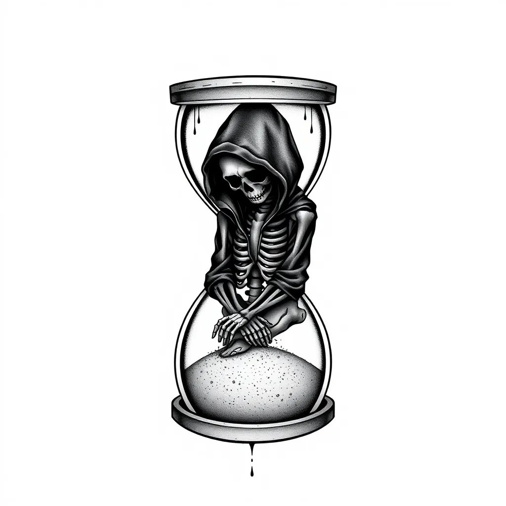 A highly detailed tattoo design of an hourglass with a simple and minimalistic design, free of ornate decorations. Inside the lower part of the hourglass, a skeleton wearing a black hoodie with the hood up and fully zipped is depicted. The skeleton is sitting cross-legged, with its arms resting on its knees, and its head buried in its hands in a sorrowful posture. It is buried in flowing sand up to the beginning of the hoodie, completely obscuring its legs. Fine grains of sand cascade from the upper chamber of the hourglass, falling onto the skeleton like rain, adding a sense of motion and melancholy. The background is dark and textured to emphasize the dramatic and symbolic atmosphere of the design. tattoo