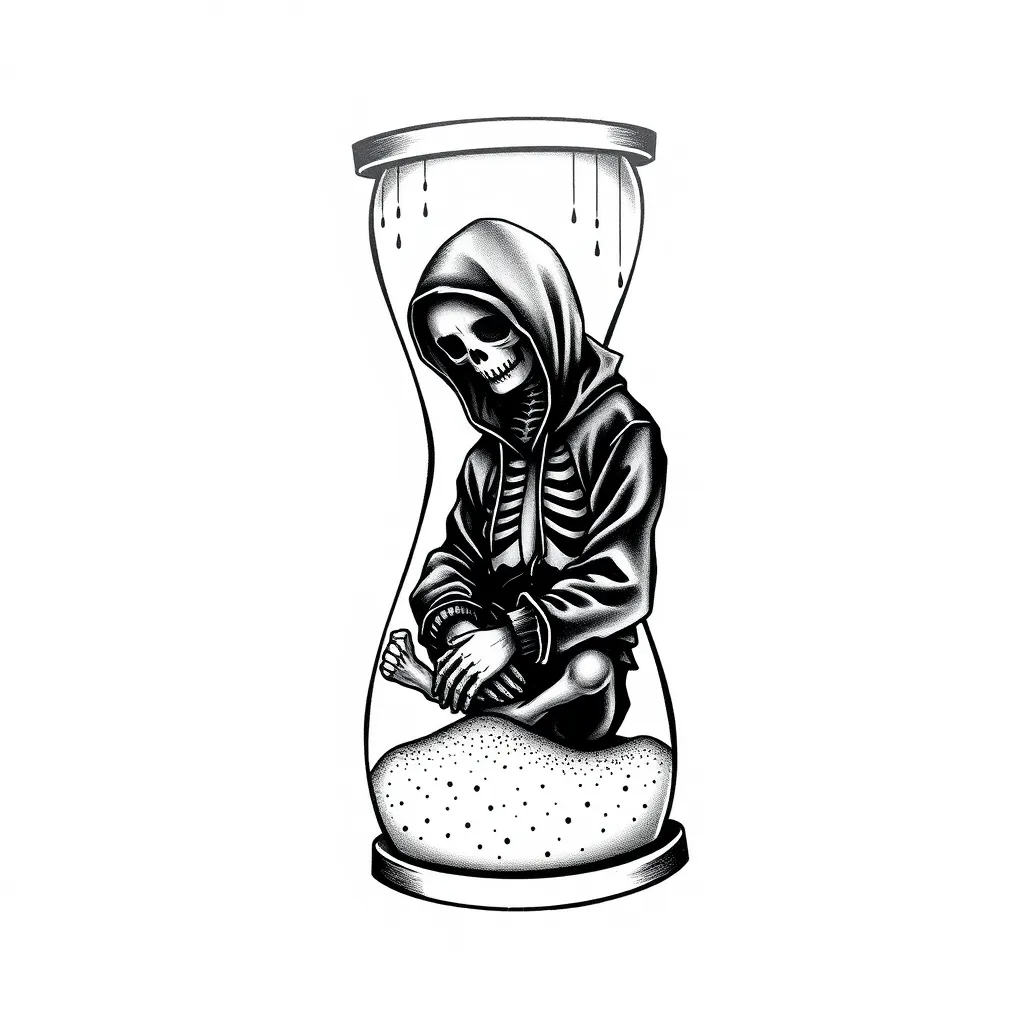 A highly detailed tattoo design of an hourglass with a simple and minimalistic design, free of ornate decorations. Inside the lower part of the hourglass, a skeleton wearing a black hoodie with the hood up and fully zipped is depicted. The skeleton is sitting cross-legged, with its arms resting on its knees, and its head buried in its hands in a sorrowful posture. It is buried in flowing sand up to the beginning of the hoodie, completely obscuring its legs. Fine grains of sand cascade from the upper chamber of the hourglass, falling onto the skeleton like rain, adding a sense of motion and melancholy. The background is dark and textured to emphasize the dramatic and symbolic atmosphere of the design. tattoo