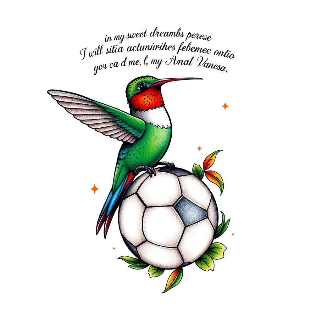 un colibri posado en una pelota de futbol, y arriba del colibri una frase escrita en español que diga " en mis dulce sueños te seguire soñando mi estrella perdida" y el nombre de ana y vanesa  문신