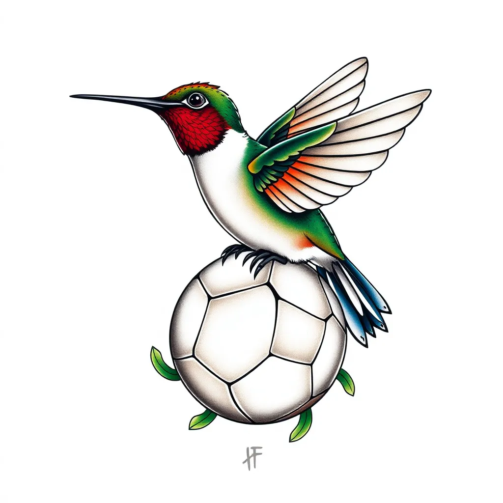 un colibri posado en una pelota de futbol tranquilo tatuaje