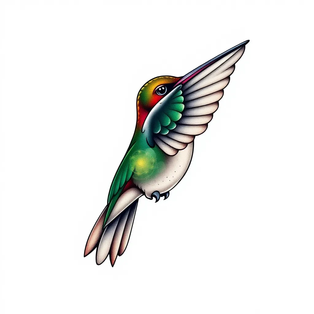 Un colibrí, con las alas hacia arriba, profundidad y sobras con puntillismo de arrastre , que se le vean las patitas, Con bastantes detalles  tattoo