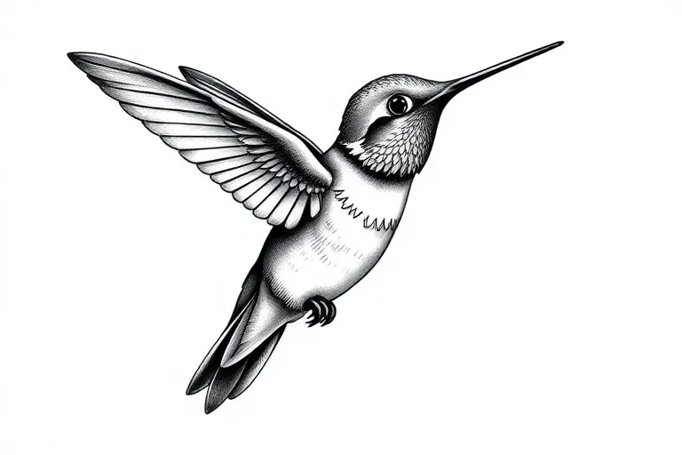 Un colibrí, con las alas hacia arriba, profundidad y sobras con puntillismo de arrastre , que se le vean las patitas,  tattoo